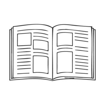 Open illustrated book with blank pages and text boxes, line drawing vector