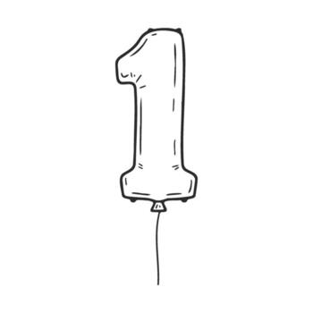Black and white sketch of number one balloon floating with string vector