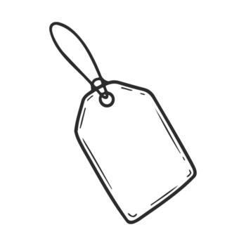 Simple black and white sketch of a blank luggage tag with string attachment vector