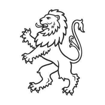 Outlined heraldic lion rampant emblem with bold mane and dynamic pose vector
