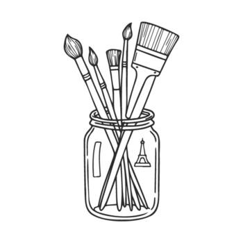 Jar of paintbrushes with eiffel tower design sketch vector
