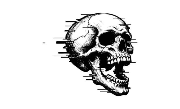 Digital glitch skull artwork with distorted features on white background vector