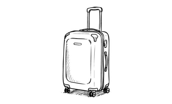 Sketch of wheeled suitcase with telescopic handle on white background vector