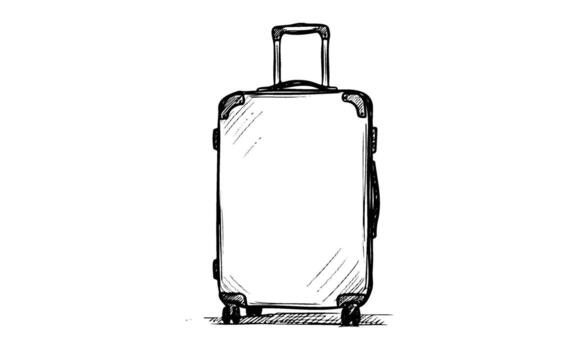 Sketch of a wheeled suitcase with telescopic handle in black and white vector