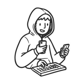 Cartoon male hacker with hood using smartphone and keyboard vector