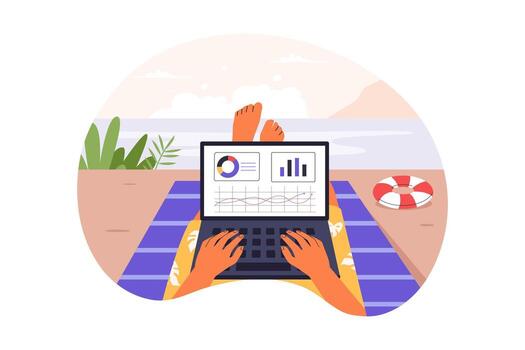 Top View of Digital Nomad Working from Beach with Laptop vector