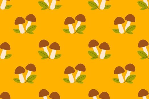 Repeating pattern with forest mushrooms and leaves on a bright warm background vector
