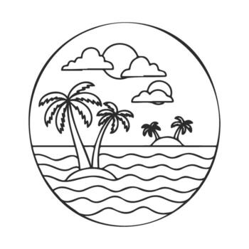 Tropical island line art with palm trees and clouds in circular frame vector
