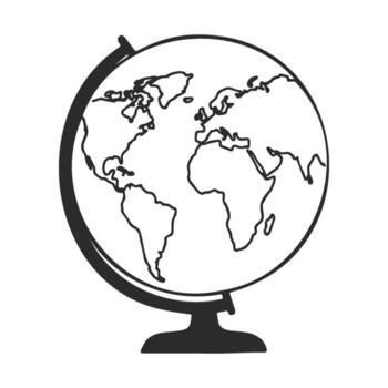 Monochrome outline of a globe showing continents on a stand vector