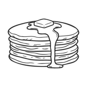 Stack of pancakes with melting butter and syrup drizzle in black and white drawing vector