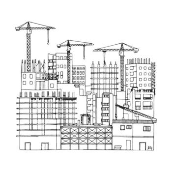 Urban construction scene with cranes and building structures in progress vector
