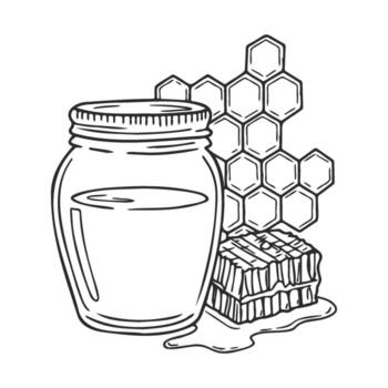 Honey jar and honeycomb drawing with hexagonal patterns and liquid vector