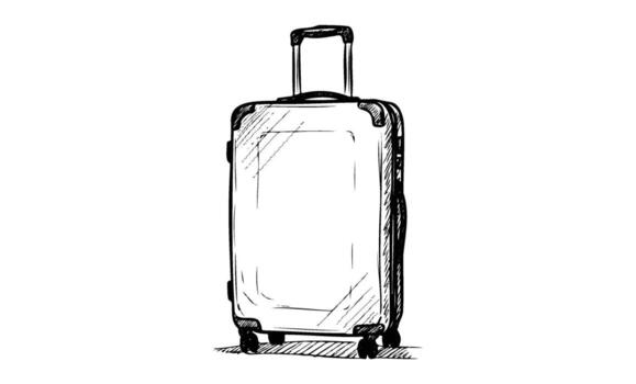 Black and white sketch of a wheeled suitcase with handle vector