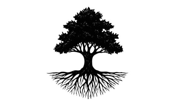 Silhouette of a tree with intricate root system on white background vector