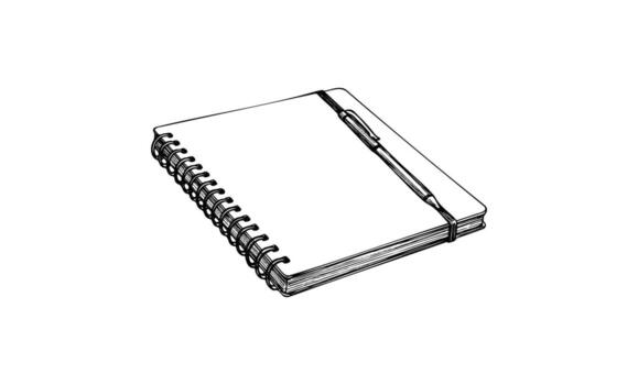 Detailed sketch of a spiral notebook with attached pen on white background vector