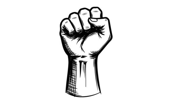 Black and white drawing of a raised fist symbolizing power and unity vector