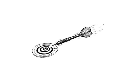 Sketch of dart hitting bullseye on target board with motion lines in black and white vector