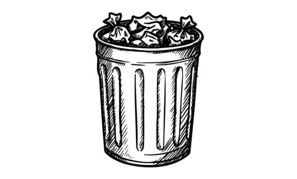 Hand drawngarbage can filled with crumpled paper sketch vector