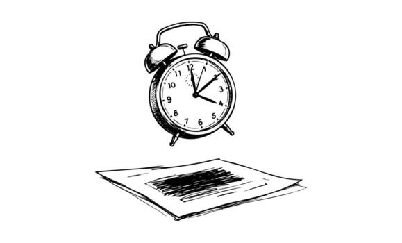 Sketch of alarm clock and paper time management concept vector