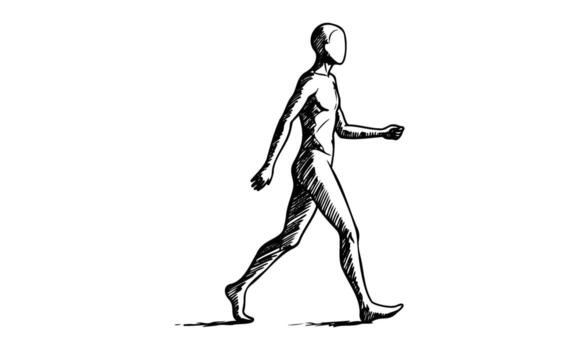 Sketch of human figure walking forward in dynamic pose on white background vector