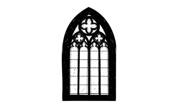 Gothic arched window with ornate patterns in black and white vector