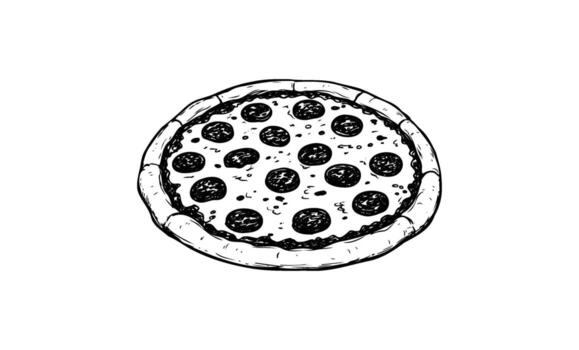 Hand drawnblack and white pizza sketch with toppings in circular design vector