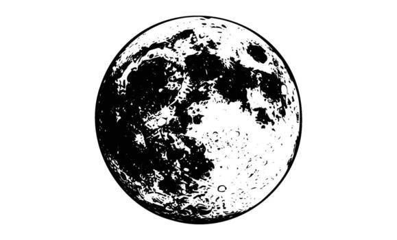 Black and white sketch of the moon's detailed surface craters and patterns vector