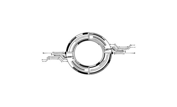 Futuristic circular tech design with circuit elements in black and white vector