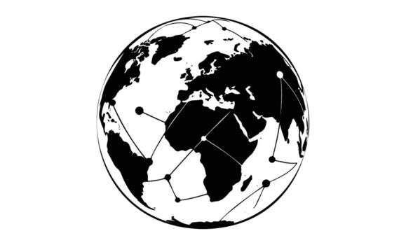 Black and white globe with connecting lines highlighting global network vector