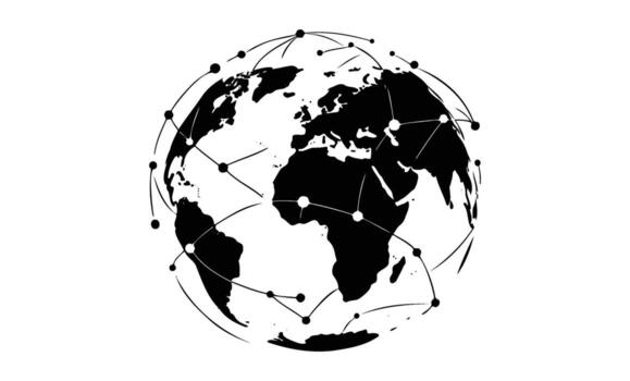 Black and white globe with connected lines representing global network vector