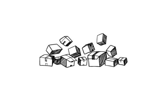 Hand drawnsketch of floating geometric boxes on white background vector