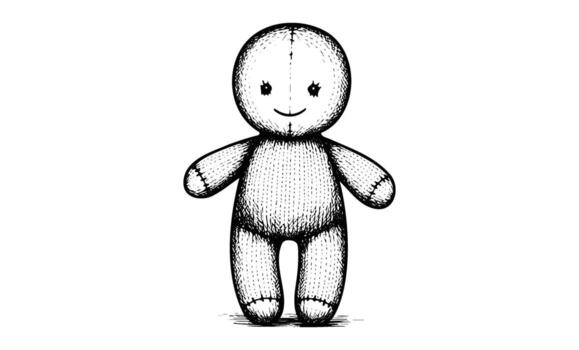 Black and white sketch of a smiling plush doll with stitched features vector