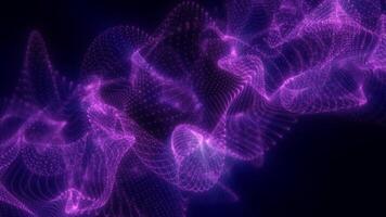 Vivid purple glowing particles form an intricate dynamic mesh in dark space, resembling a flowing digital network video