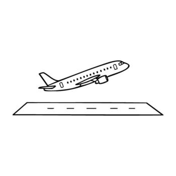 Simple line drawing of a plane taking off from a runway vector