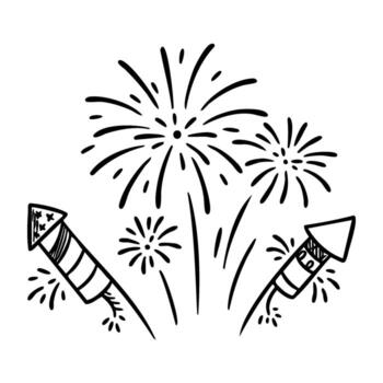 festivo fuegos artificiales monitor con dos cohetes y explotando estallidos vector
