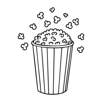 Popcorn in striped bucket with popped kernels on white background vector