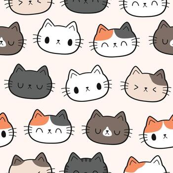 Seamless pattern with hand drawn cartoon cat head, Childish pattern with cat faces on light brown background for cloth fabric, wrapping paper vector