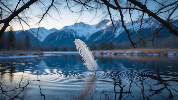 Feather Touching Water Creates Ripples with Mountain Backdrop Scene photo