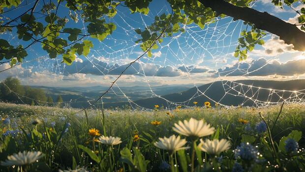 Field of Flowers with Spiderweb and Mountain Scenery at Sunrise photo