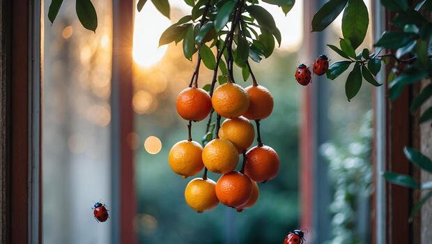 Hanging Citrus Fruit with Ladybugs in Front of Window at Sunset photo