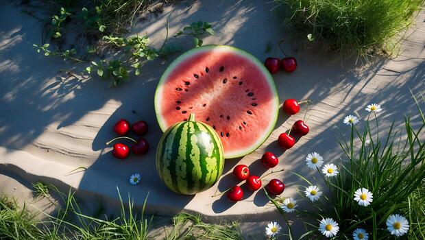 Watermelon Cherries and Daisies on Sand Creating Summer Picnic Scene photo
