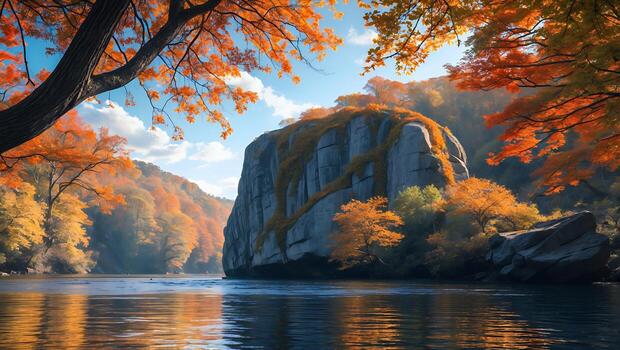 Autumn Landscape with Rock Formation Reflecting in River Scene photo