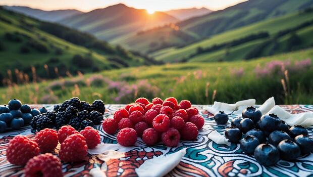 Fresh Berries on Patterned Tablecloth with Mountain View at Sunset photo