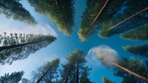 Looking Up at Tall Evergreen Trees with Blue Sky and Clouds photo