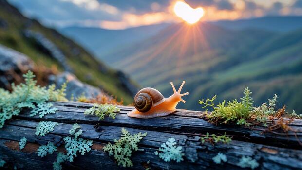 Snail Crawling on Log with Mountain Sunset View Nature Concept photo