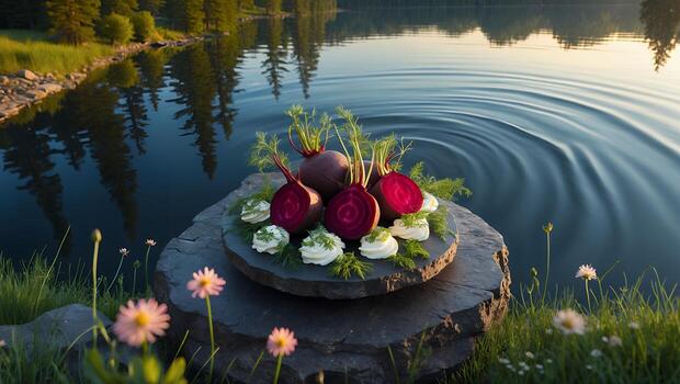 Beetroot and Deviled Egg Appetizers on a Stone Slab by Lake photo