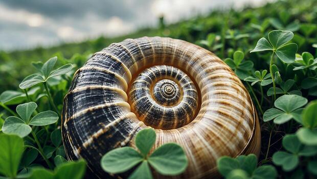 Snail Shell Resting Among Green Clovers with Cloudy Sky Background photo