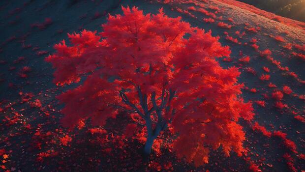 Red Tree on Hillside in Autumn Landscape with Scattered Leaves photo