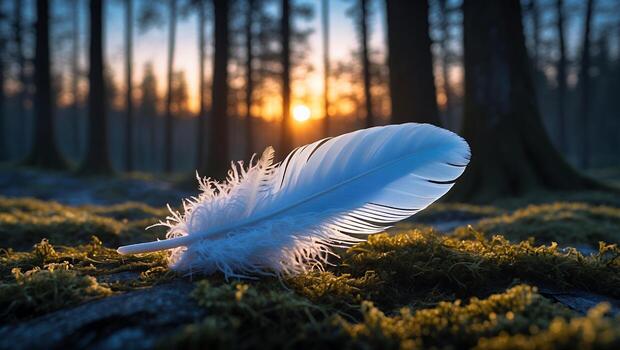 White Feather on Moss in Forest at Sunrise for Background Use photo