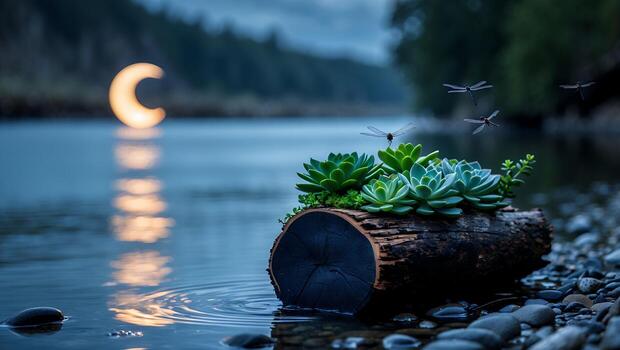 Succulents in Log Planter by Water with Dragonflies and Moon Glow photo